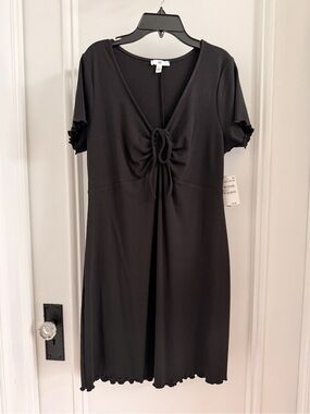 Nordstrom BP Black Ribbed Tie-Front Short Sleeve Dress